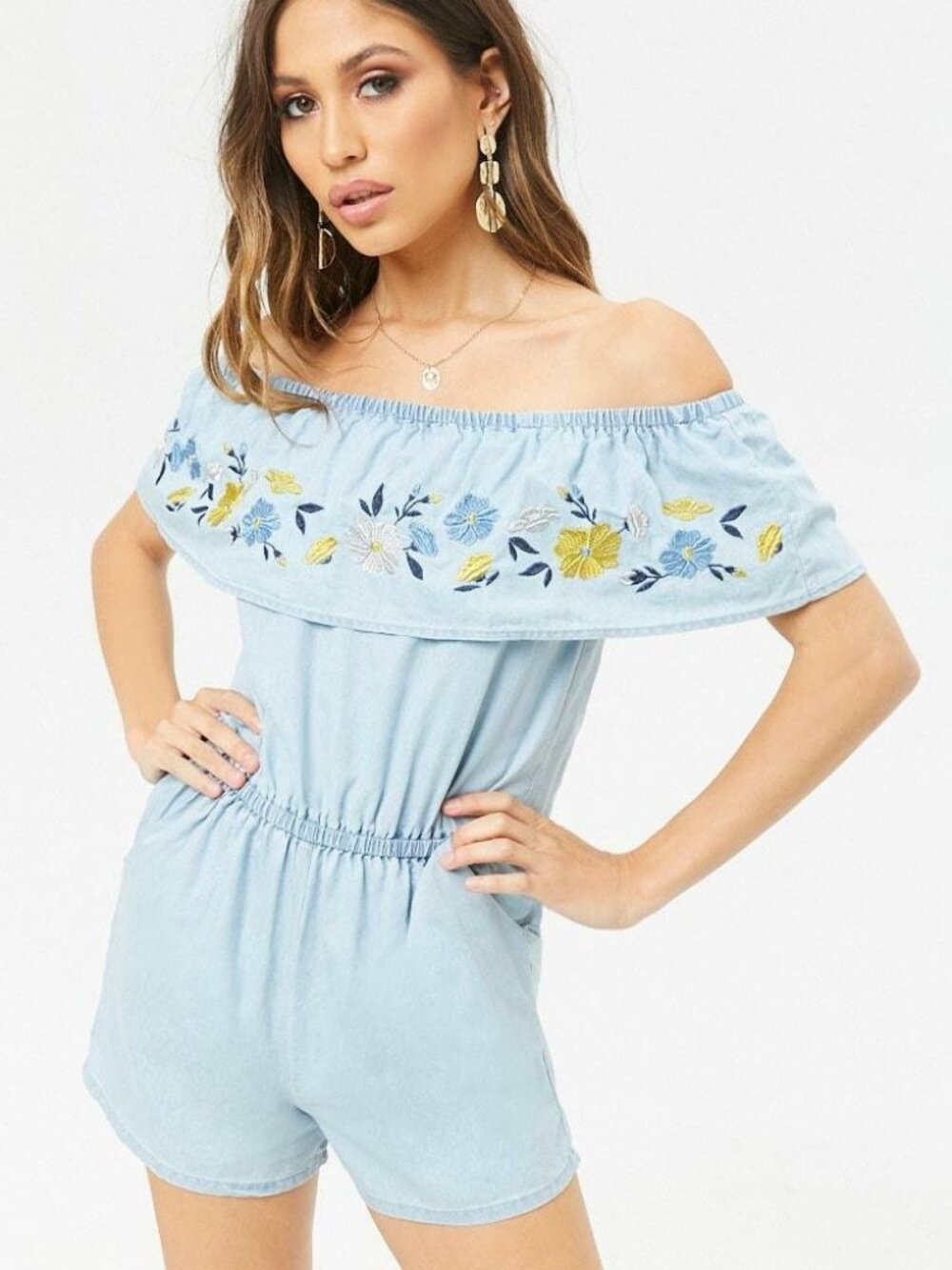 FOrever 21 Light Denim Embroidered Off-the-Shoulder Romper Medium M